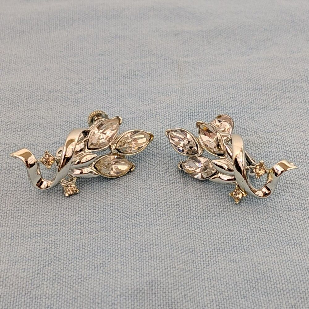 Vintage Signed Coro Clear Rhinestone Clip Earrings Rare © & Pat Pend 1955-1956